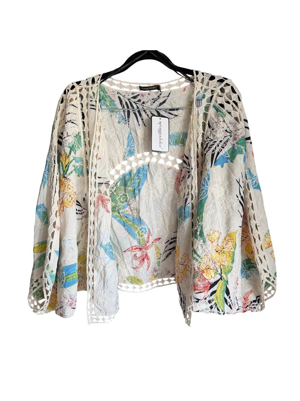 Spiaggia Dolce Floral Embroidered Crochet Kimono Shrug Sz M Boho Indie Cottage